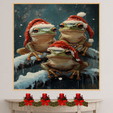 Christmas Frogs in Santa Hats Festive Tree Frogs Sitting on Snowy Branches Adorable Winter Holiday Decoration for Home Office or Christmas Gifts on Ready to Hang 1.5" Thick Canvas Wrap, Floating Framed Canvas, Flat Rolled Canvas